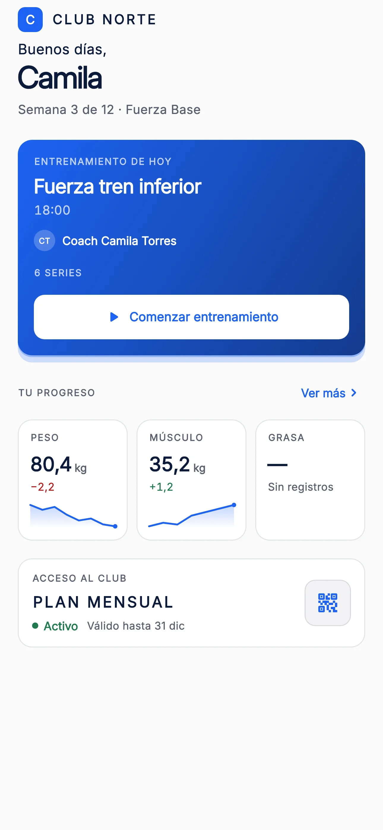La app de socios de Kore: el entrenamiento de hoy, el progreso de peso y músculo y el pase del club.