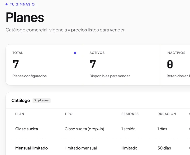 Catálogo de planes en Kore: planes configurados, activos e inactivos, con el tipo, las sesiones y la duración de cada uno.