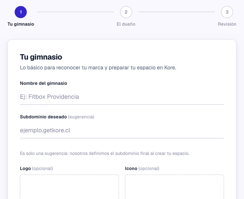 Formulario para solicitar acceso a Kore: el primer paso, con el nombre del gimnasio y el subdominio deseado.